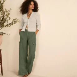 Leinen-Cargohose mit weitem Bein für Damen