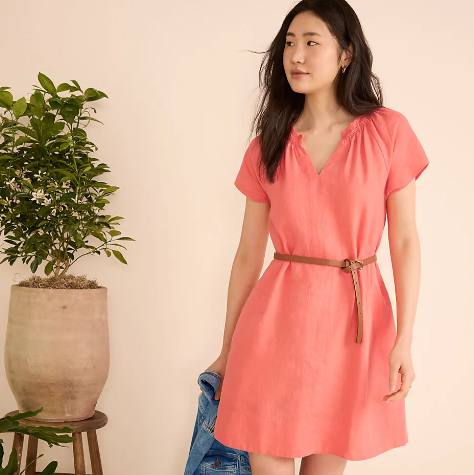 Leinenkleid mit Smok-Ausschnitt für Damen