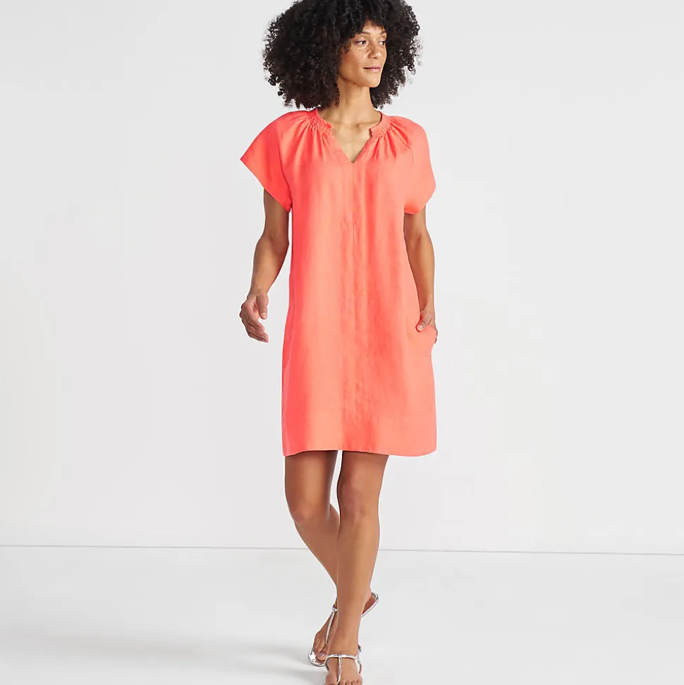 Leinenkleid mit Smok-Ausschnitt für Damen