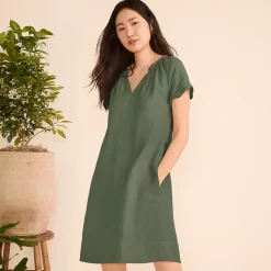 Leinenkleid mit Smok-Ausschnitt für Damen