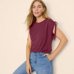 Leinenmix-Shirt mit geraffter Schulter für Damen
