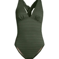 Seersucker-Badeanzug mit V-Ausschnitt und extrahohem Bein für Damen