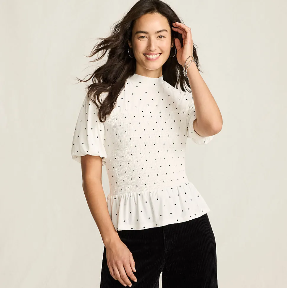 Silk Knit Smok-Shirt mit kurzen Ärmeln für Damen