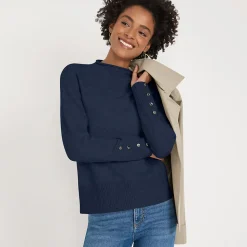 Soft Touch Stehkragenpullover mit Ärmelknöpfen für Damen