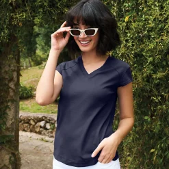 Supima-Shirt mit V-Ausschnitt und Kappärmeln für Damen