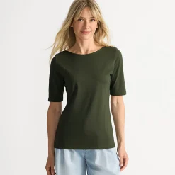 Supima T-Shirt mit U-Boot-Ausschnitt und geknöpfter Schulter für Damen