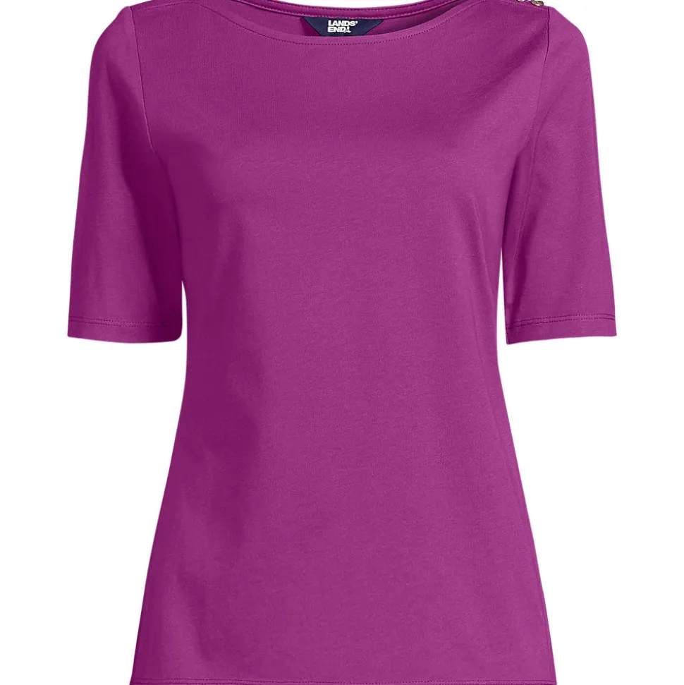 Supima T-Shirt mit U-Boot-Ausschnitt und geknöpfter Schulter für Damen