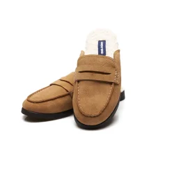 Veloursleder-Pantoletten mit Teddyfutter für Damen