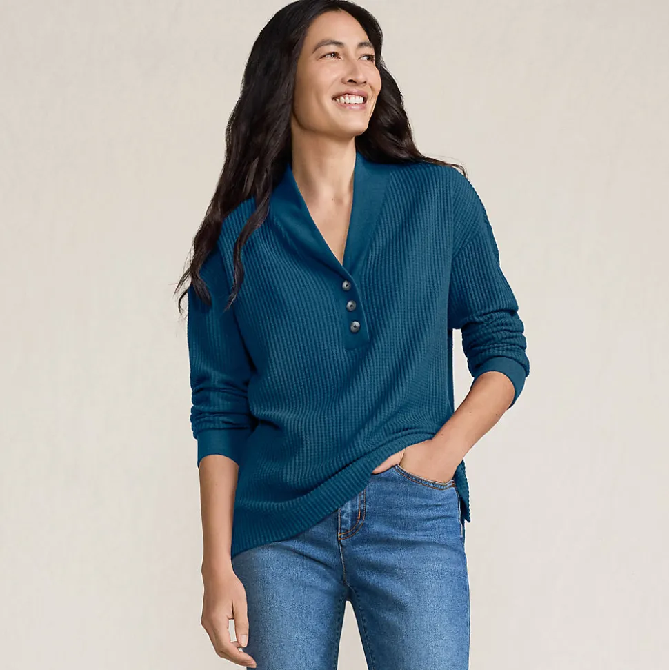 Waffelstrick-Henleyshirt für Damen