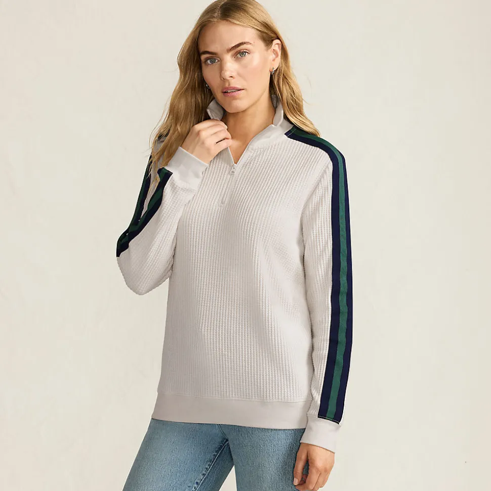 Waffelstrick-Pullover mit Zierstreifen und Reißverschluss für Damen