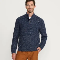 Zopfstrick-Pullover mit Stehkragen und Knopfleiste für Herren